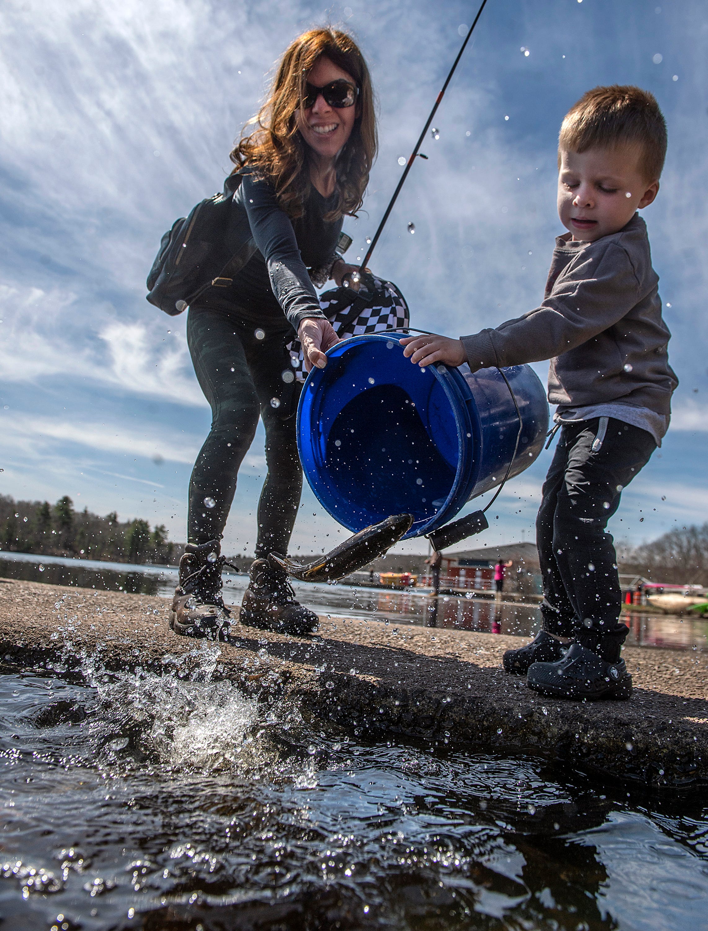 Chase Klimavich, 3, of Uxbridge, and his grandmother, Gina Fottile, of Westborough, release a bucket of brown trout from the Mass Wildlife Sunderland Hatchery into the Hopkinton Reservoir at Hopkinton State Park, April 17, 2024. Dozens of children showed up at the park to release 400 brown trout. Mass Wildlife is releasing 500,000 trout into Massachusetts waters this Spring.
